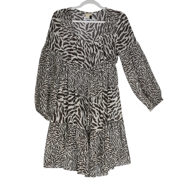 Michael by M Kors Brown Sheer Dress Womens Size M Zebra Wild Ruffle 100% Silk - Picture 1 of 11